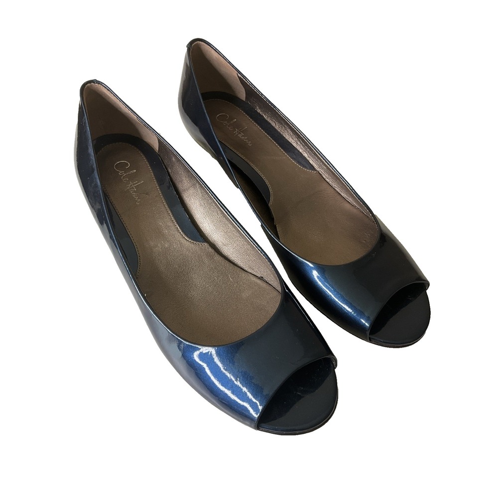 Cole Haan Air Cushion Metallic Blue Patent Leather Slip On Open Peep Toe 8B‎